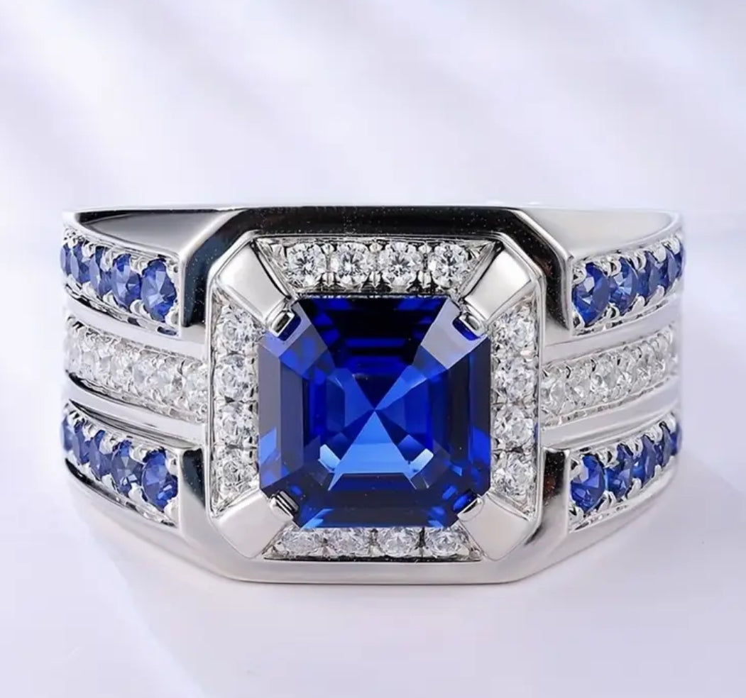 Classic Fashion inlaid noble blue square zircon men’s promise ring