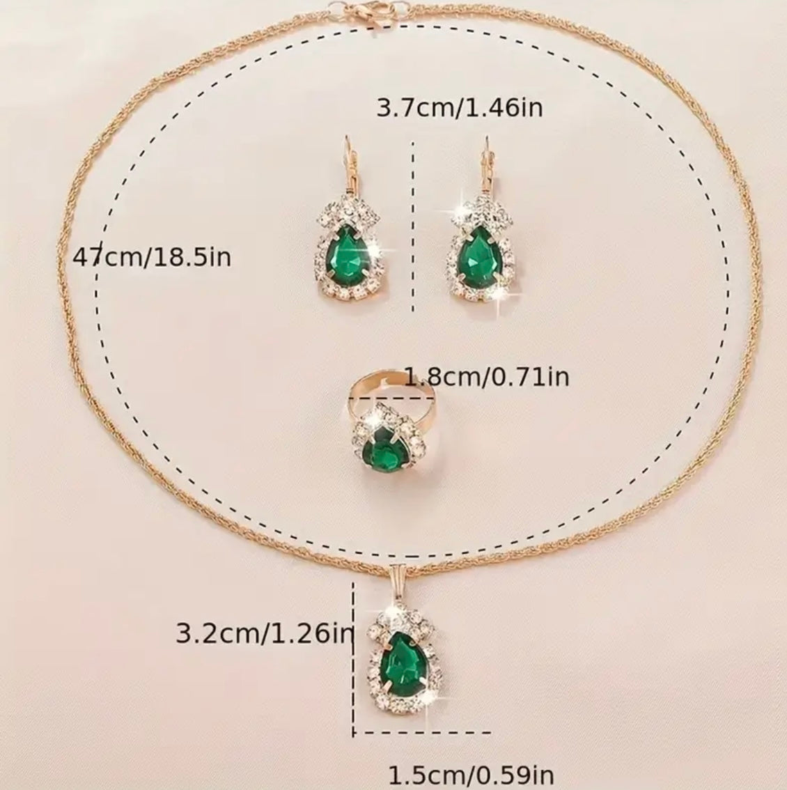 Luxury Elegant 4 Piece Jewelry Set Drip Emerald With Rhinestones Women’s Necklace, Matching earrings, and Ring