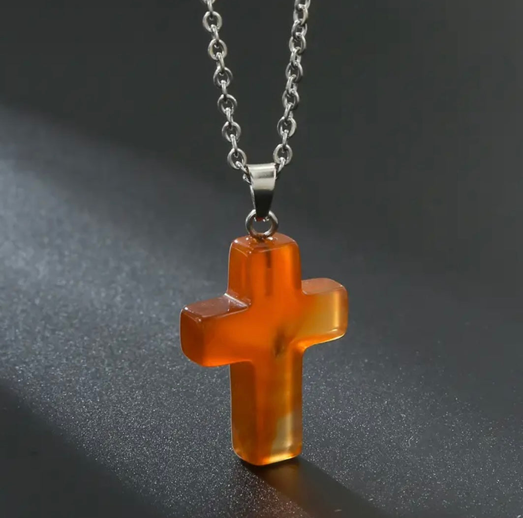 Natural Stone Cross Gemstone Pendant Necklace