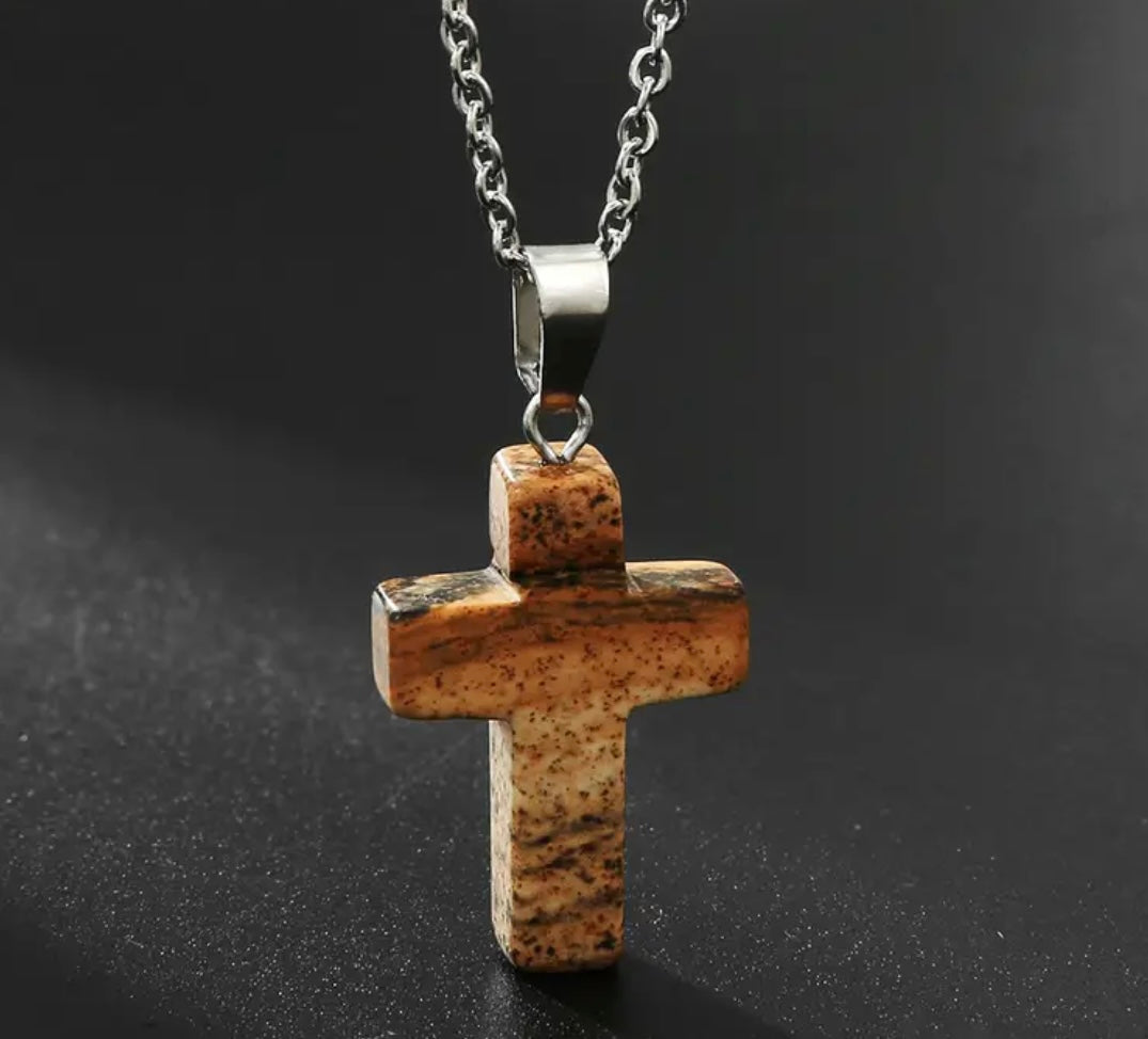 Natural Stone Cross Gemstone Pendant Necklace