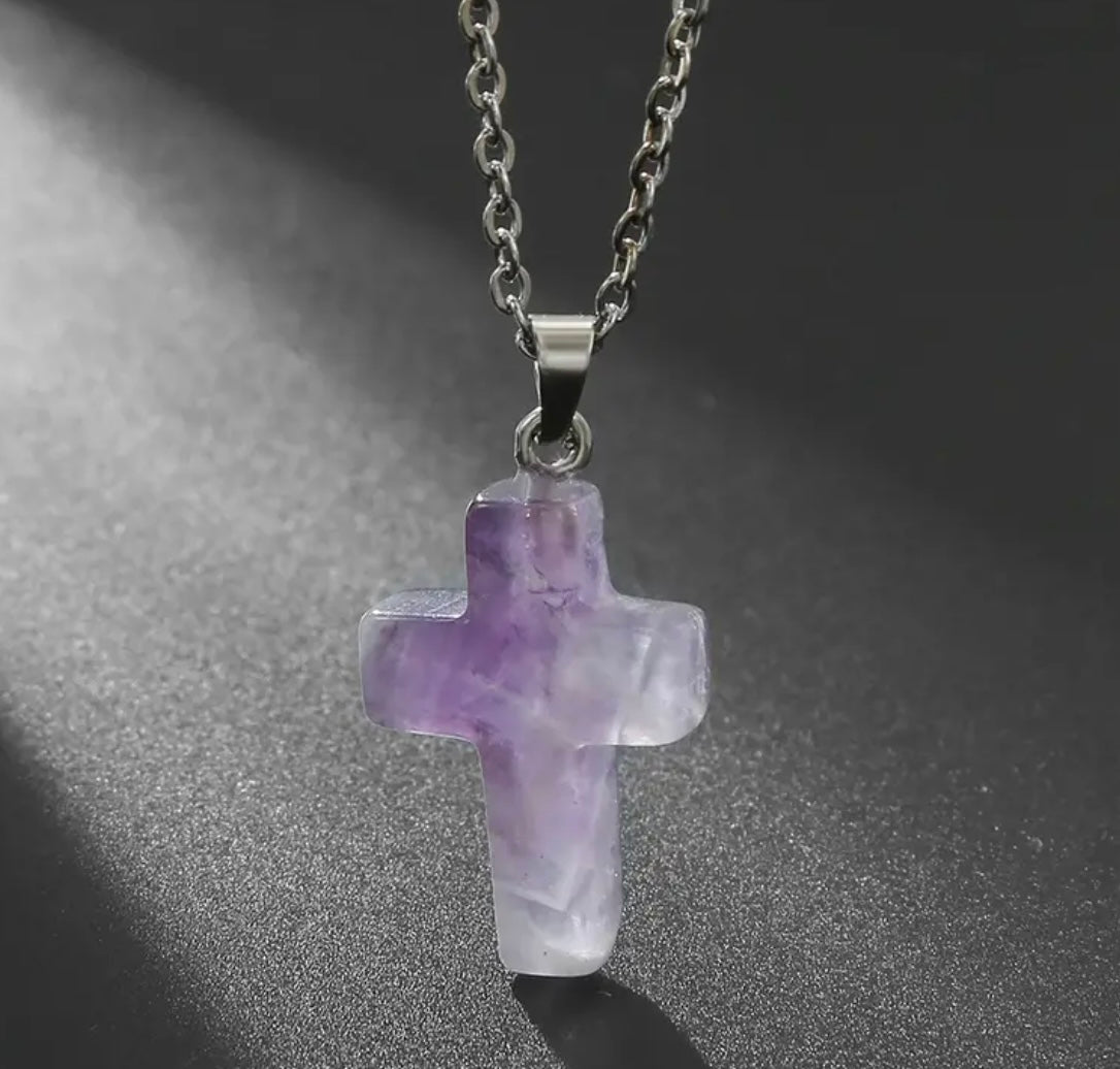 Natural Stone Cross Gemstone Pendant Necklace