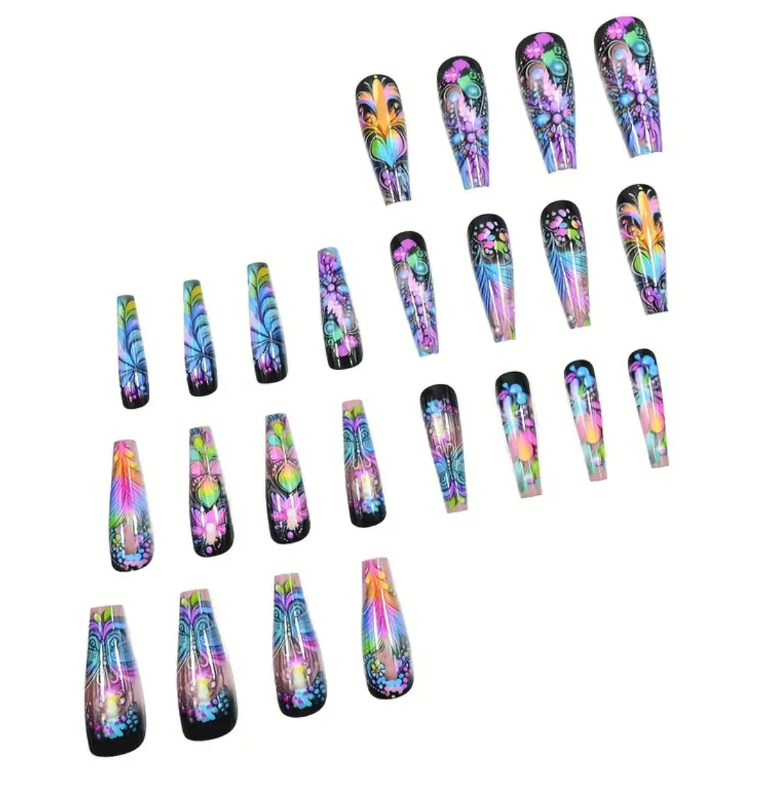 Full Set of 24 Long Ballet Shaped Fake Nails Mixed Color Design, Hearts, Feathers, Butterflies, Floral Design with a Glossy Finish