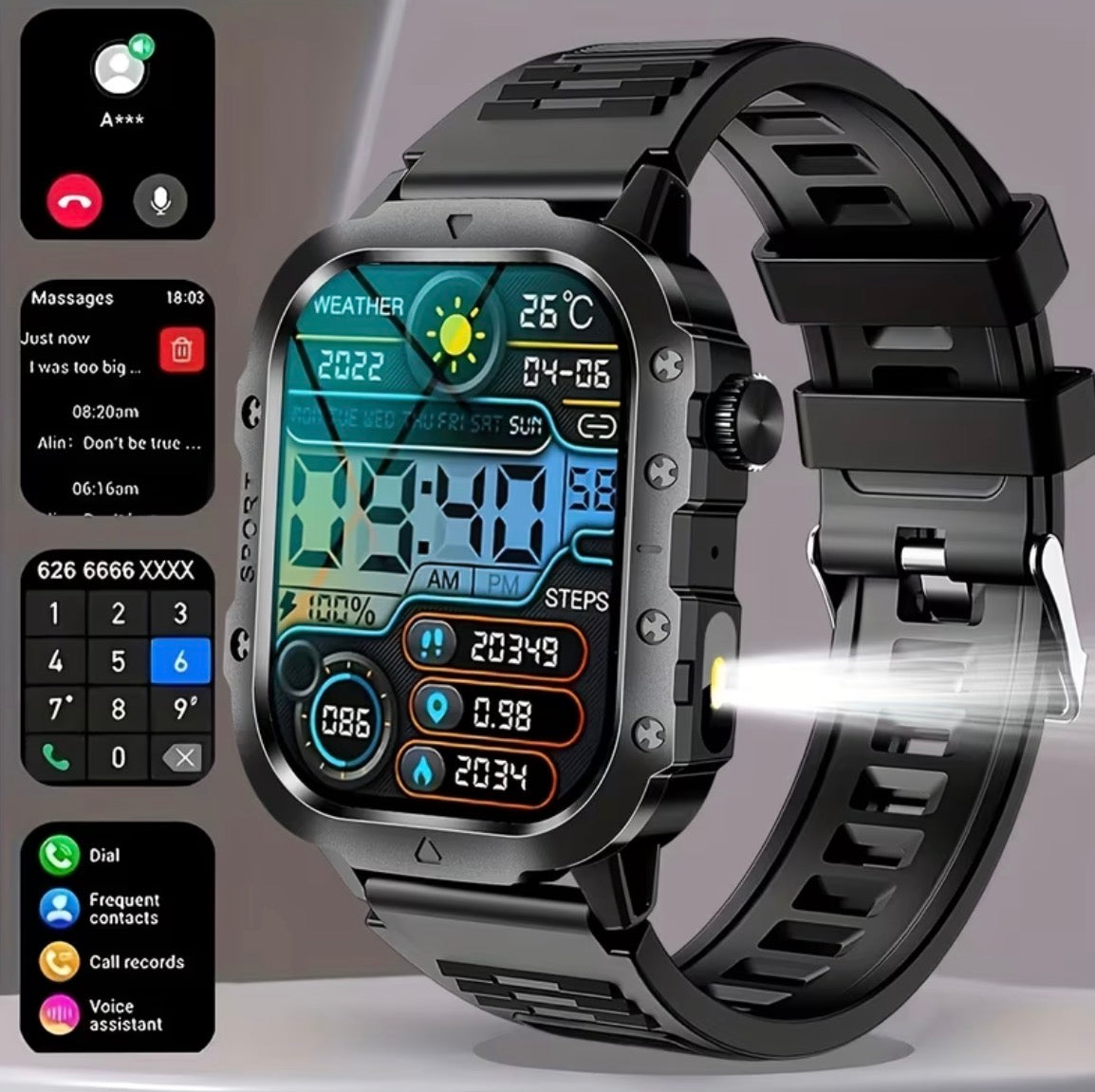 New Smart Watch 2.01 inch Large Screen LED Flashlight Fitness Tracker Compatible with iPhone or Android