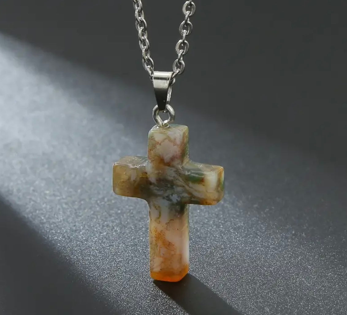 Natural Stone Cross Gemstone Pendant Necklace