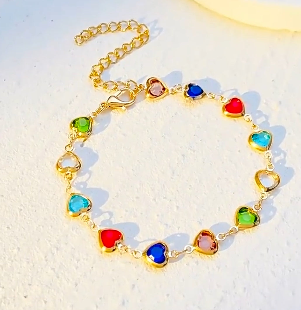 Colorful Shiny Cubic Zirconia Heart Design Beaded Bracelet