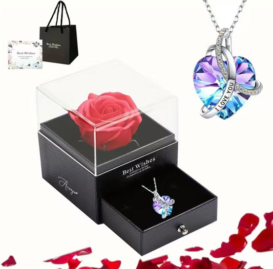 Present a rose to a couple with a concealed necklace nestled within the pullout drawer