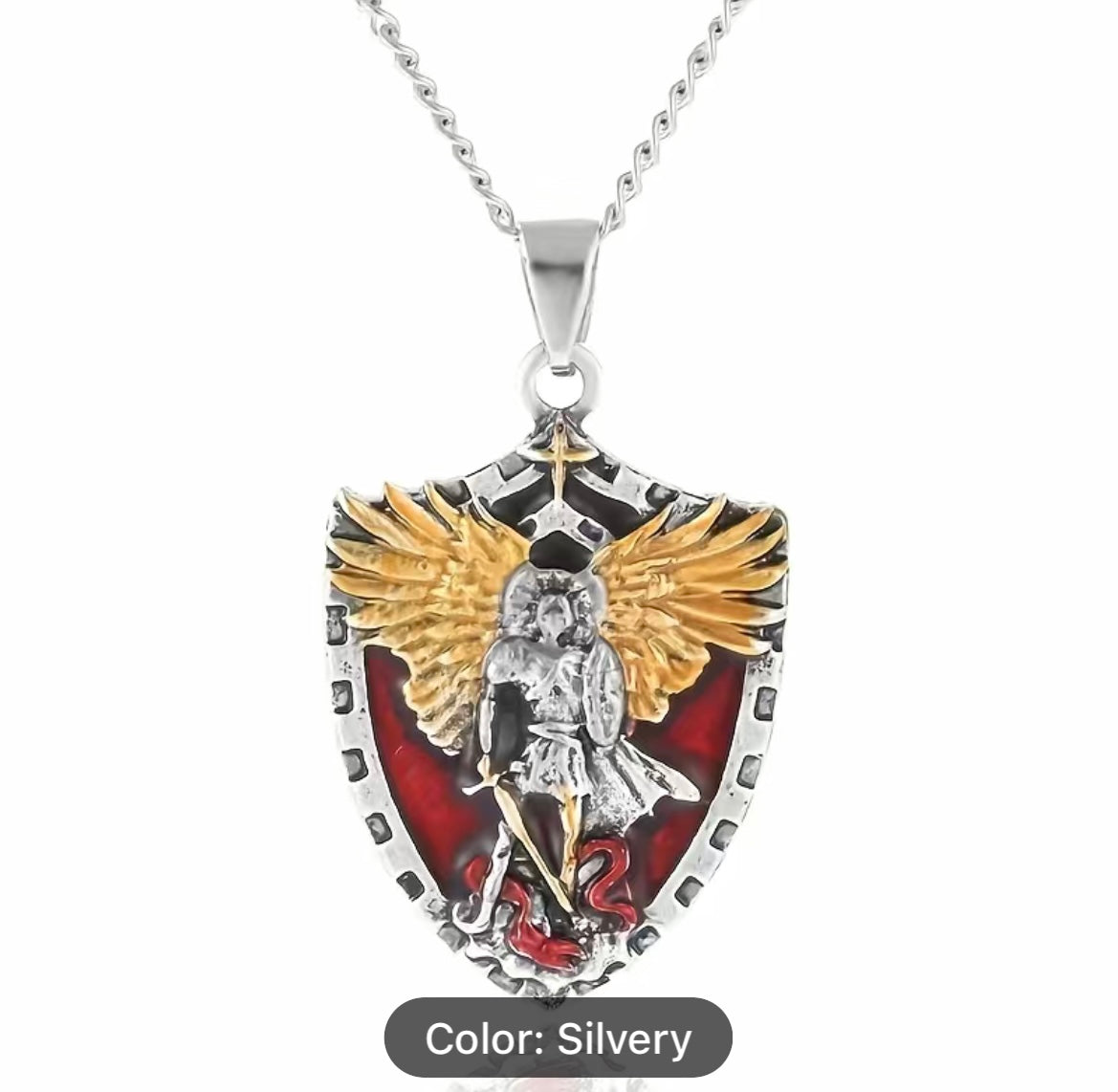 Stainless steel pendant and chain featuring a religious Saint Michael.