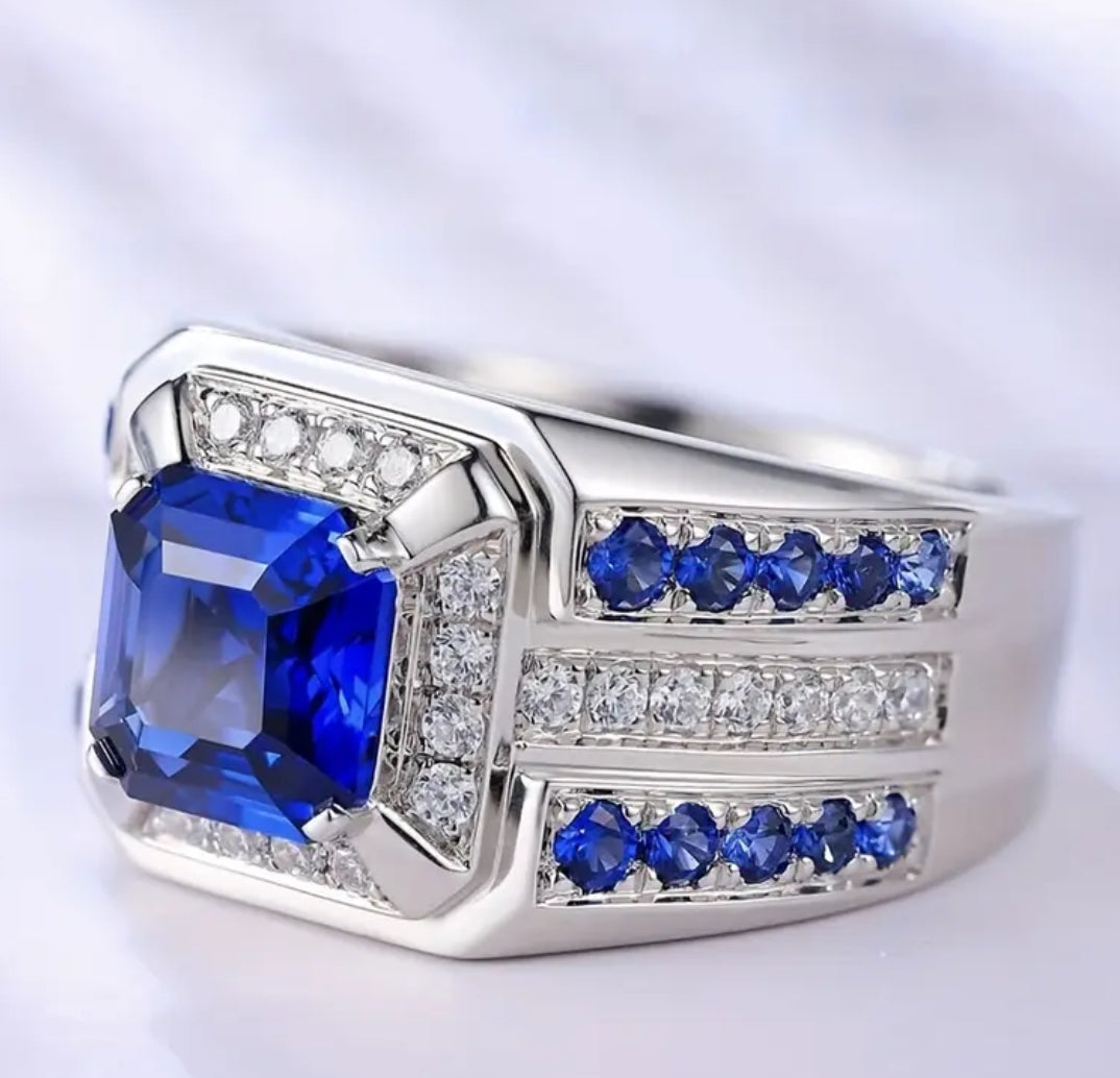 Classic Fashion inlaid noble blue square zircon men’s promise ring