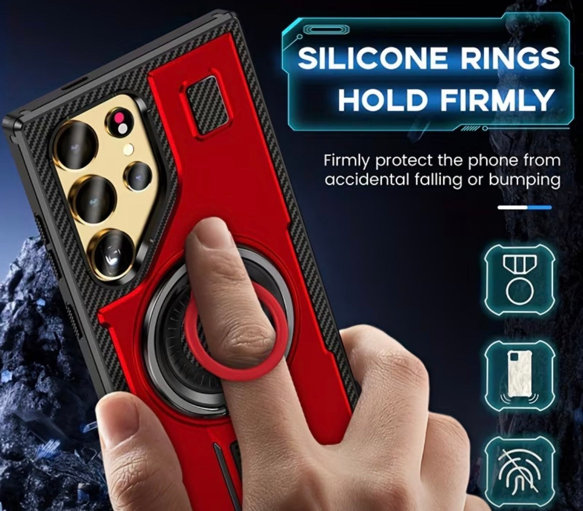 Samsung Galaxy S23 Dark Red Phone Case With Rotating Bracket Soft Silicone Ring Protection