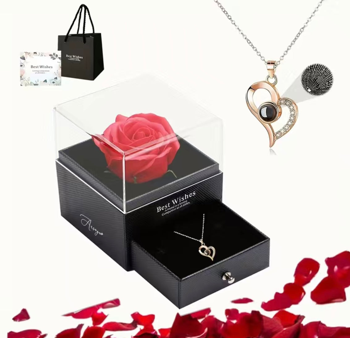Present a rose to a couple with a concealed necklace nestled within the pullout drawer