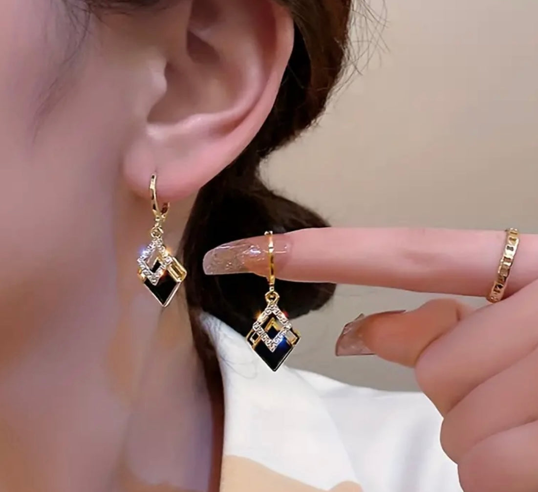 Double Rhombus Shape Shiny Zircon Inlaid Dangle Elegant Earrings