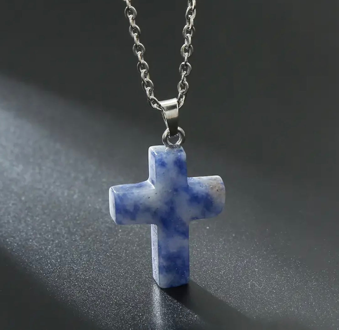 Natural Stone Cross Gemstone Pendant Necklace