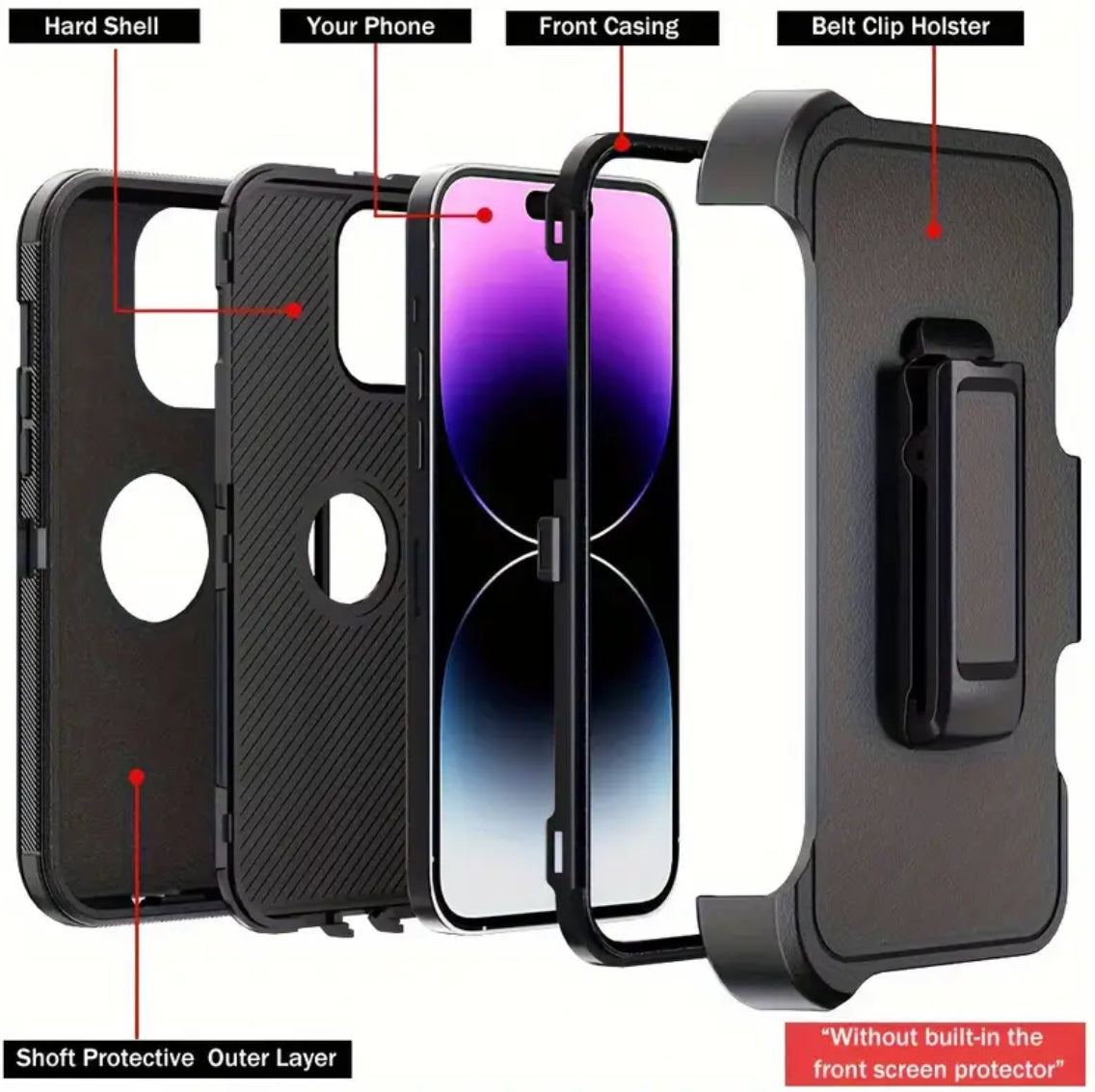 Heavy Duty Shockproof Armor Rugged Phone Case iPhone 16 Pro Belt Clip Included