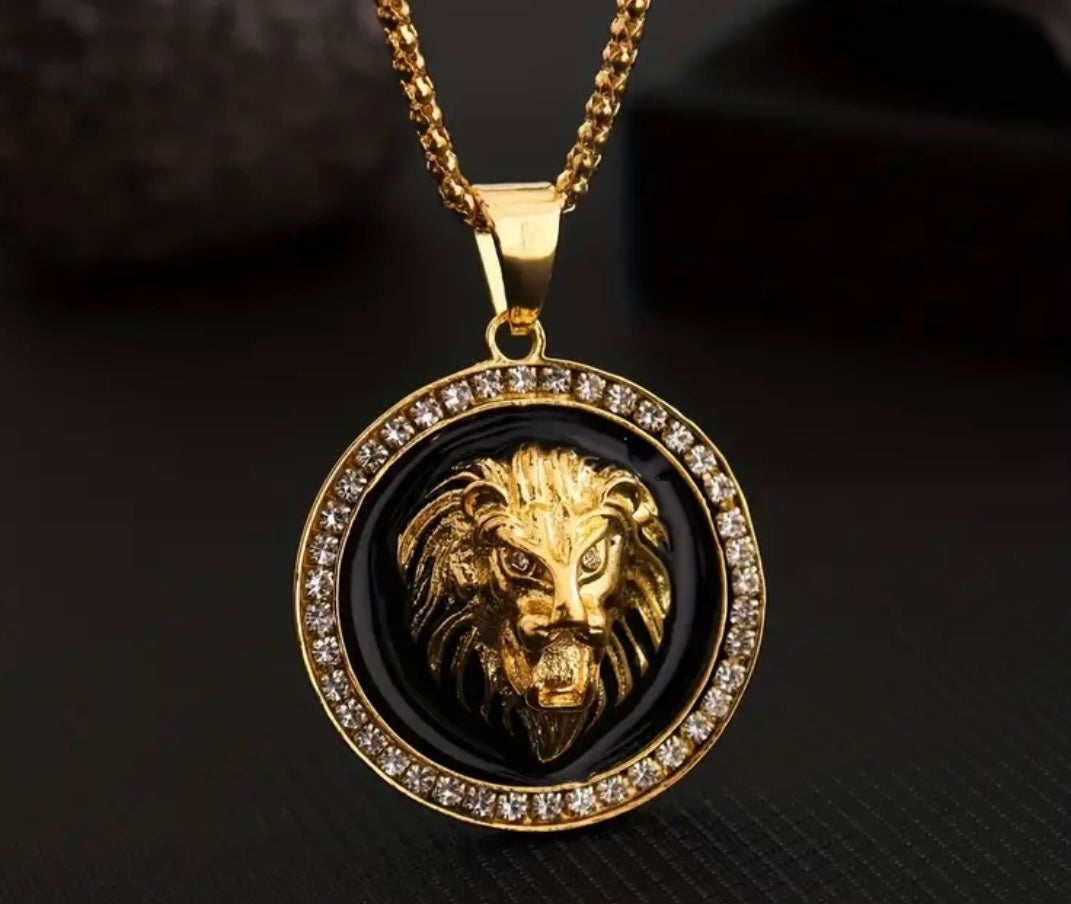 Gold Plated Faux CZ Diamond Lion Head Pendant Necklace