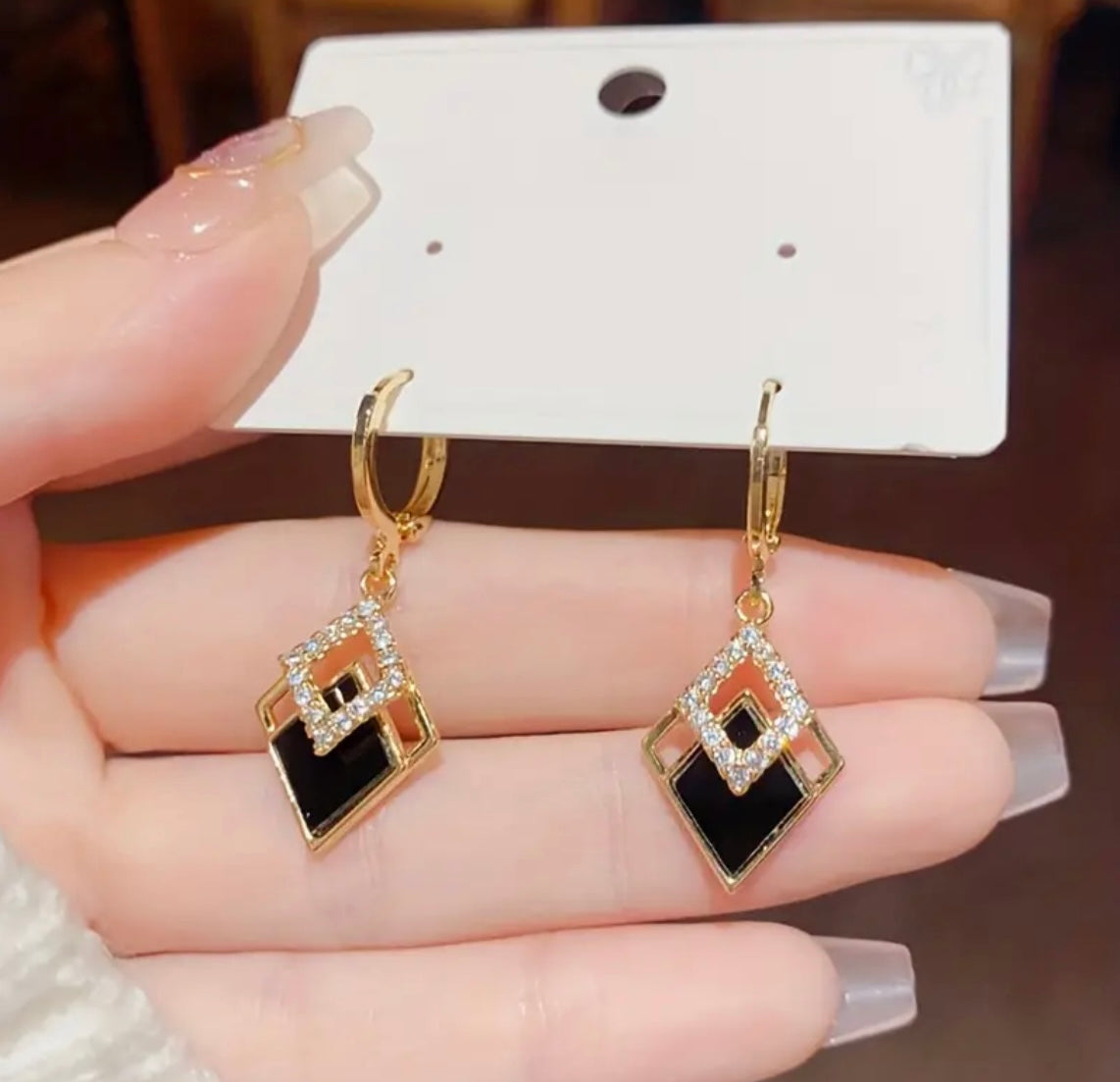 Double Rhombus Shape Shiny Zircon Inlaid Dangle Elegant Earrings