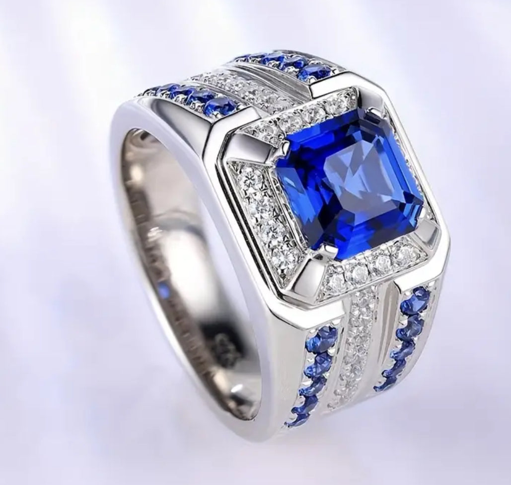 Classic Fashion inlaid noble blue square zircon men’s promise ring