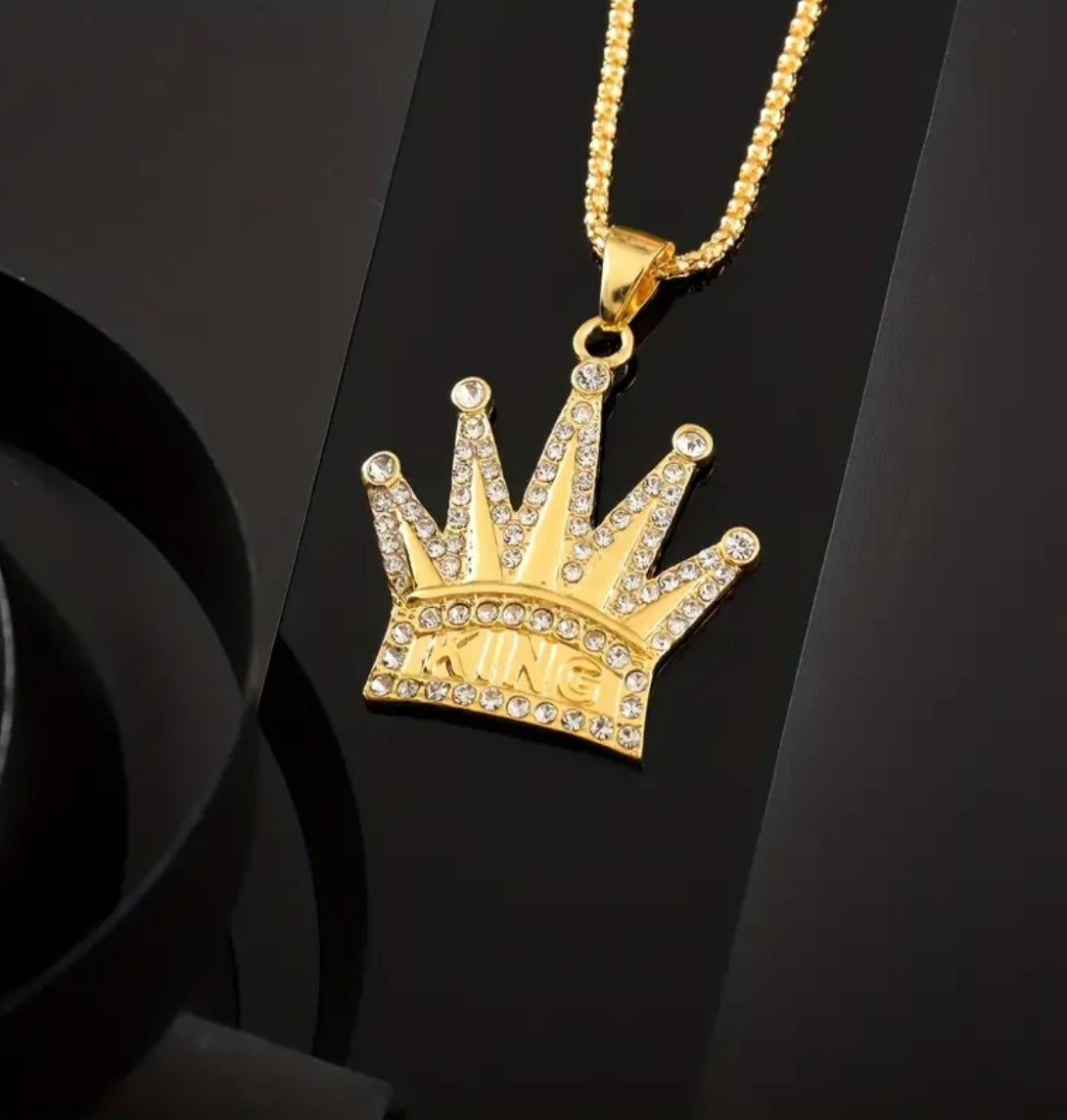 Golden Faux Diamond King Crown Pendant Necklace Men’s Custom Costume Jewelry