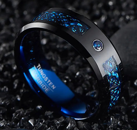 A 8mm wide inlaid Black Dragon Pattern Blue Carbon Fiber Mens Tungsten Ring
