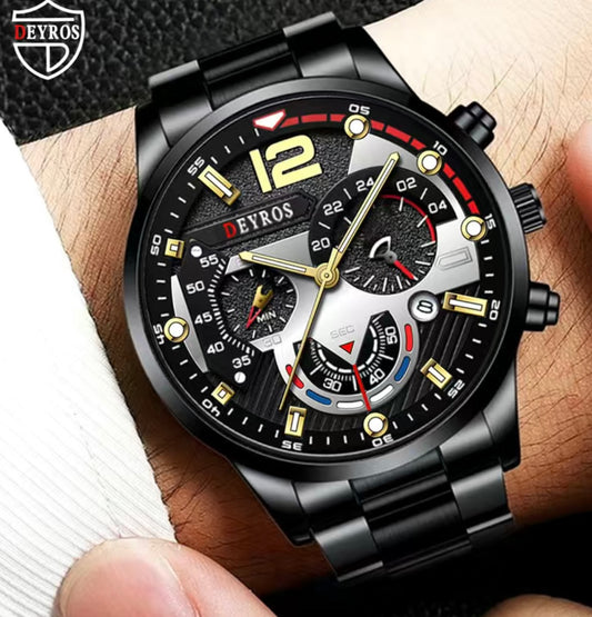 1 pc Black Stainless Steel Luxury Sports Watch Fashion Great Gift