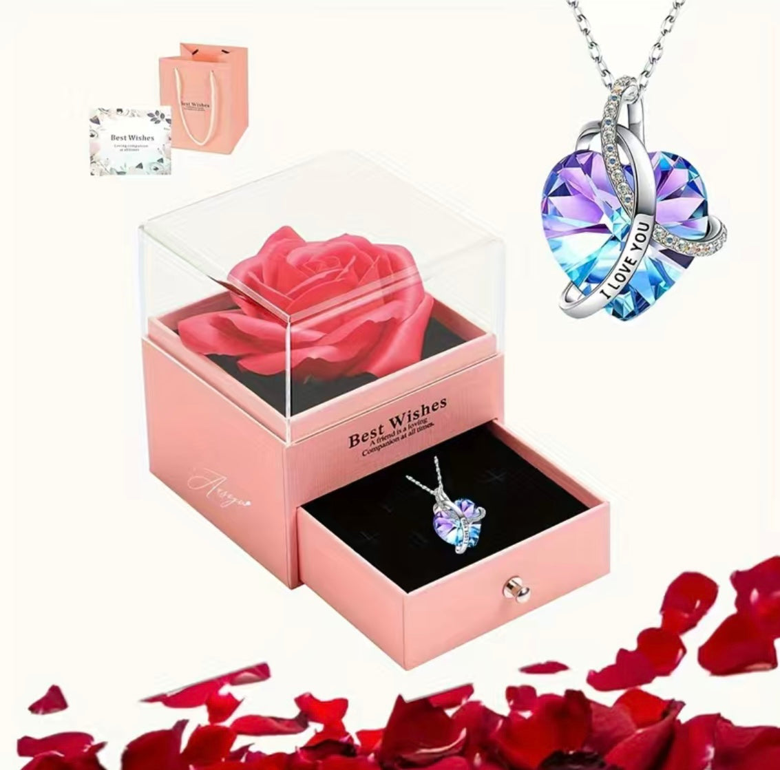 Present a rose to a couple with a concealed necklace nestled within the pullout drawer