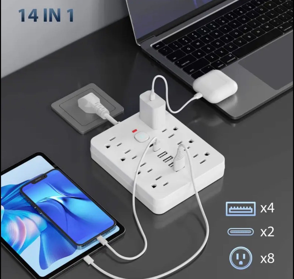 14 in 1 Power Strip Surge Protector with 8 AC outlets, 4 USB and 2 Type C ports Flat Plug In Design
