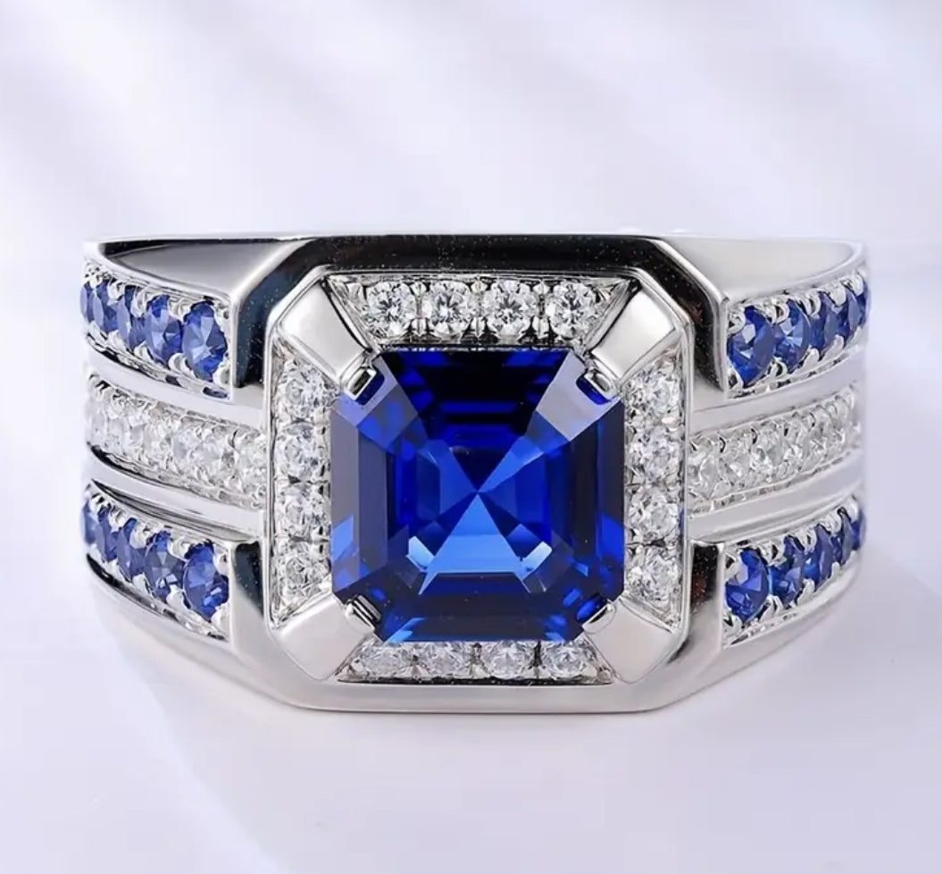 Classic Fashion inlaid noble blue square zircon men’s promise ring