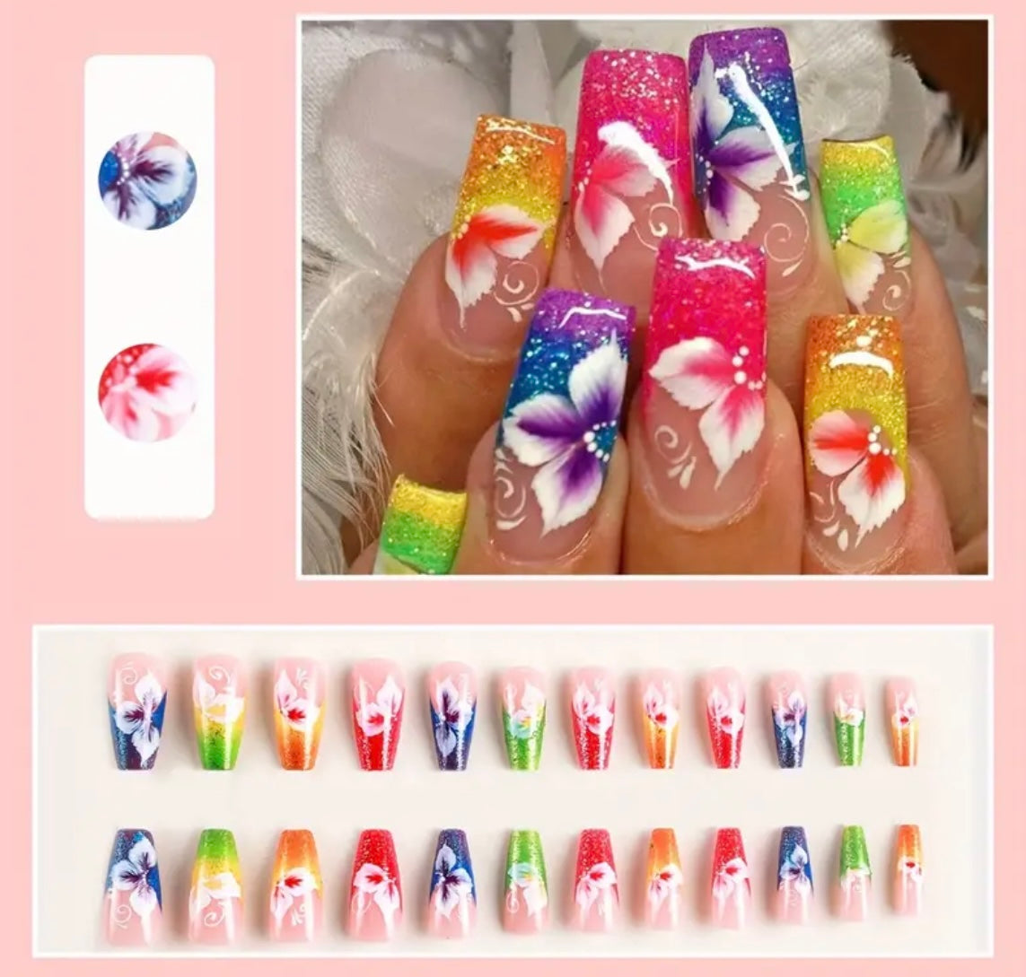 24 Mid Length Press ons With Colorful Flower Design