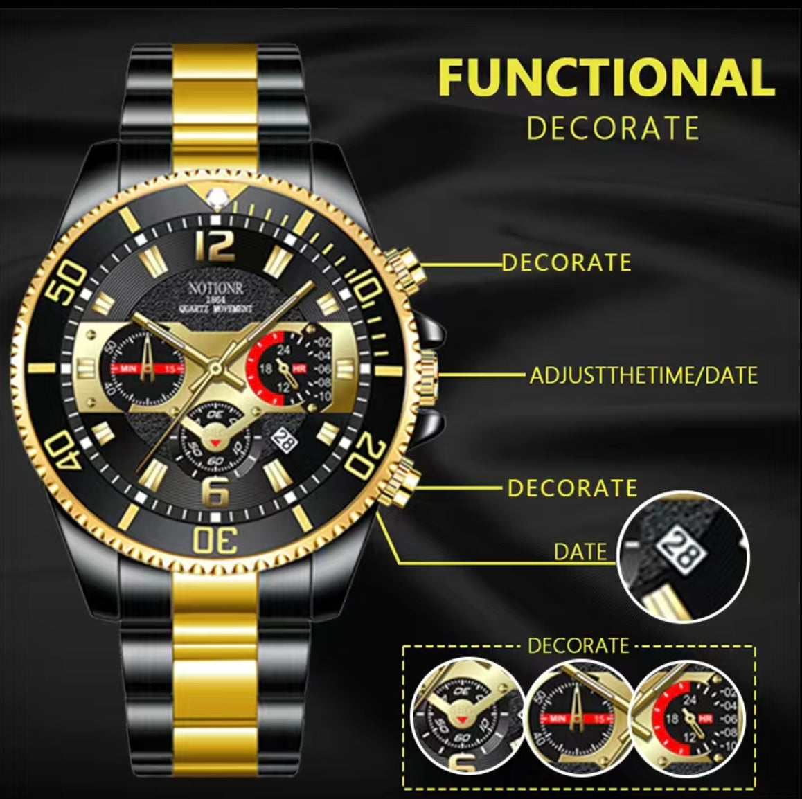 Quartz Black and Gold Stainless Steel Fashionable Sports Watch