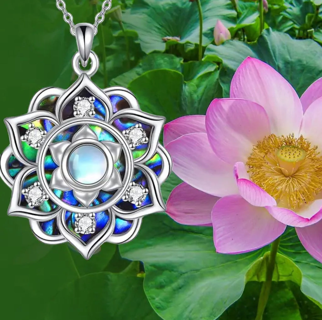 Elegant Lotus Flower Pendant Necklace With Luminous Opal and Sparkling Crystals hyper allergenic Alloy