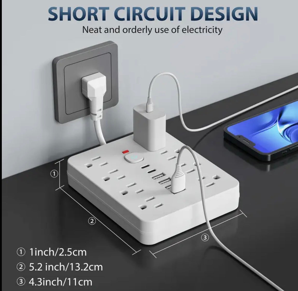 14 in 1 Power Strip Surge Protector with 8 AC outlets, 4 USB and 2 Type C ports Flat Plug In Design