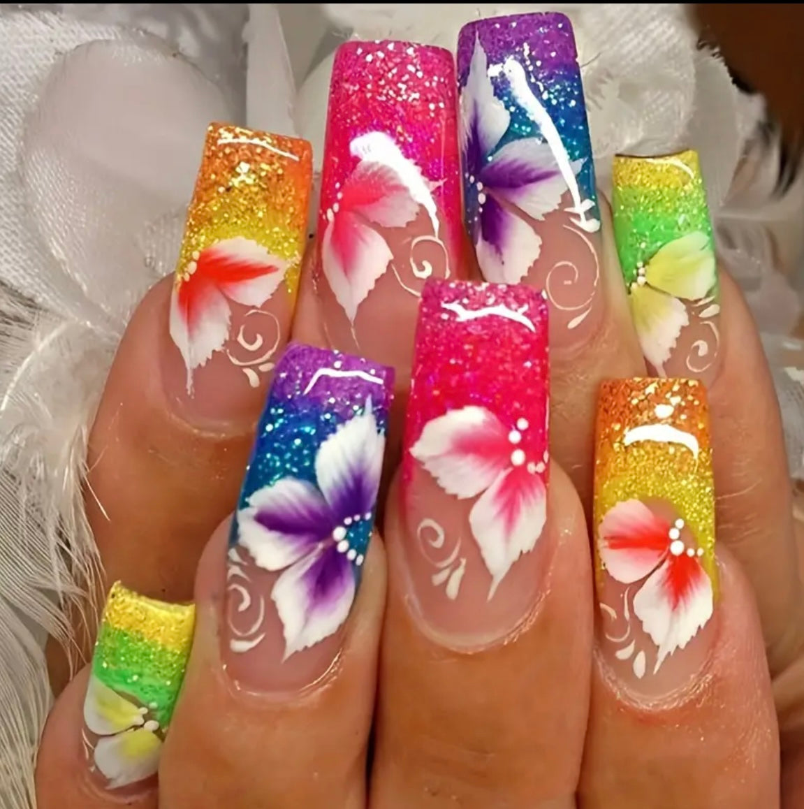 24 Mid Length Press ons With Colorful Flower Design