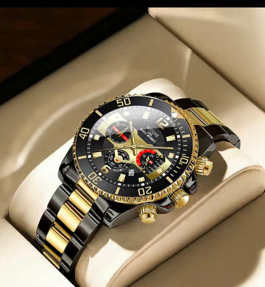 Quartz Black and Gold Stainless Steel Fashionable Sports Watch