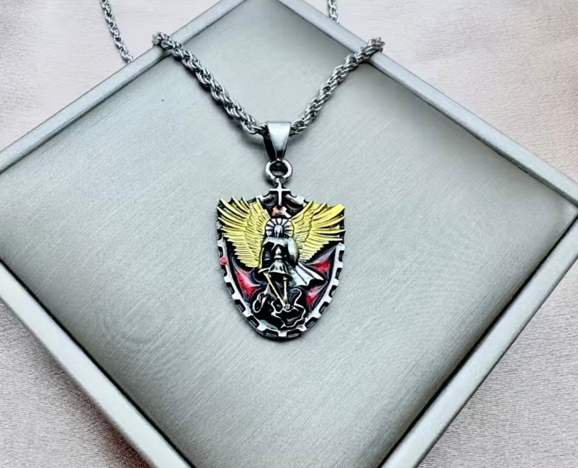 Stainless steel pendant and chain featuring a religious Saint Michael.