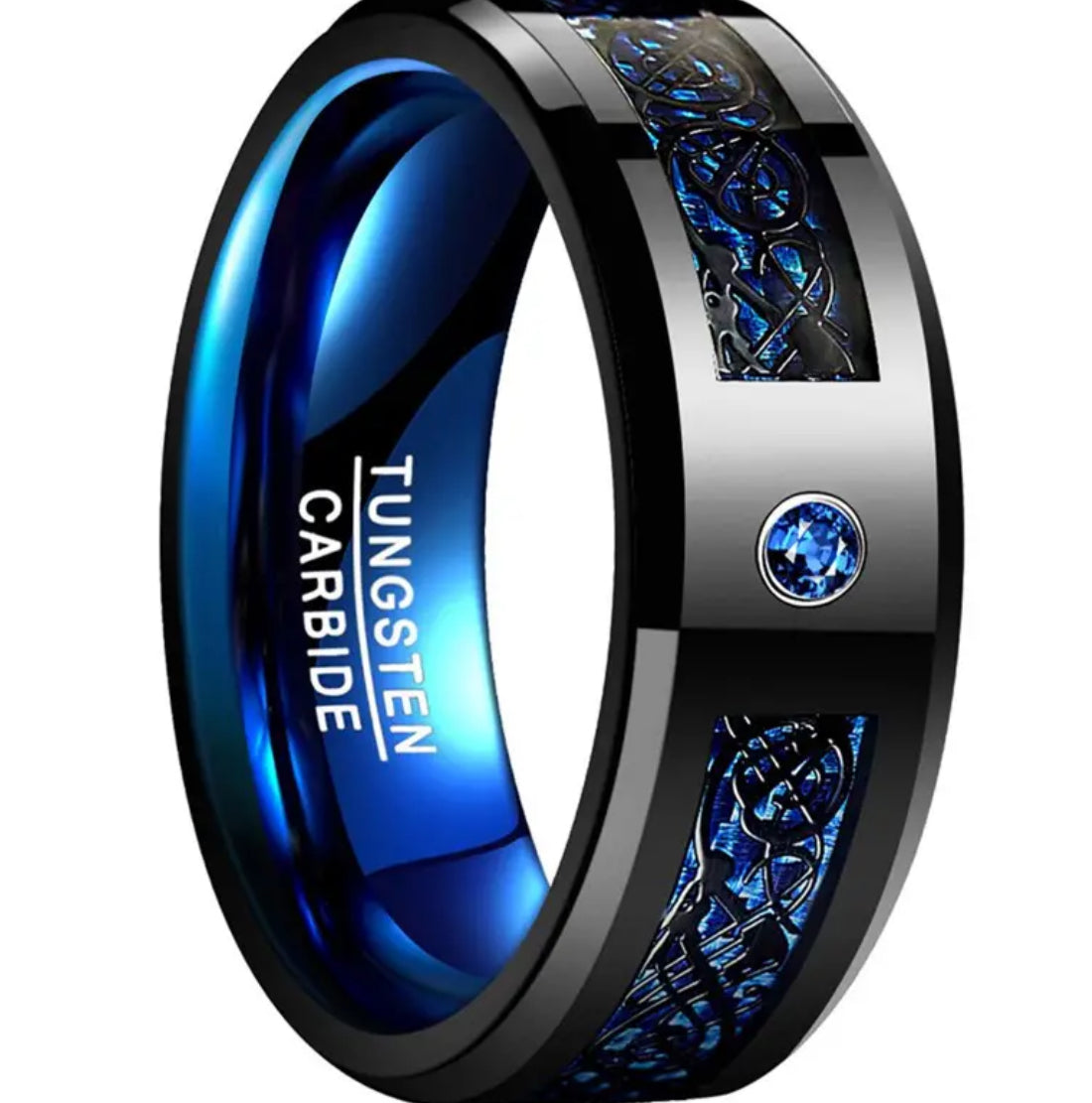 A 8mm wide inlaid Black Dragon Pattern Blue Carbon Fiber Mens Tungsten Ring