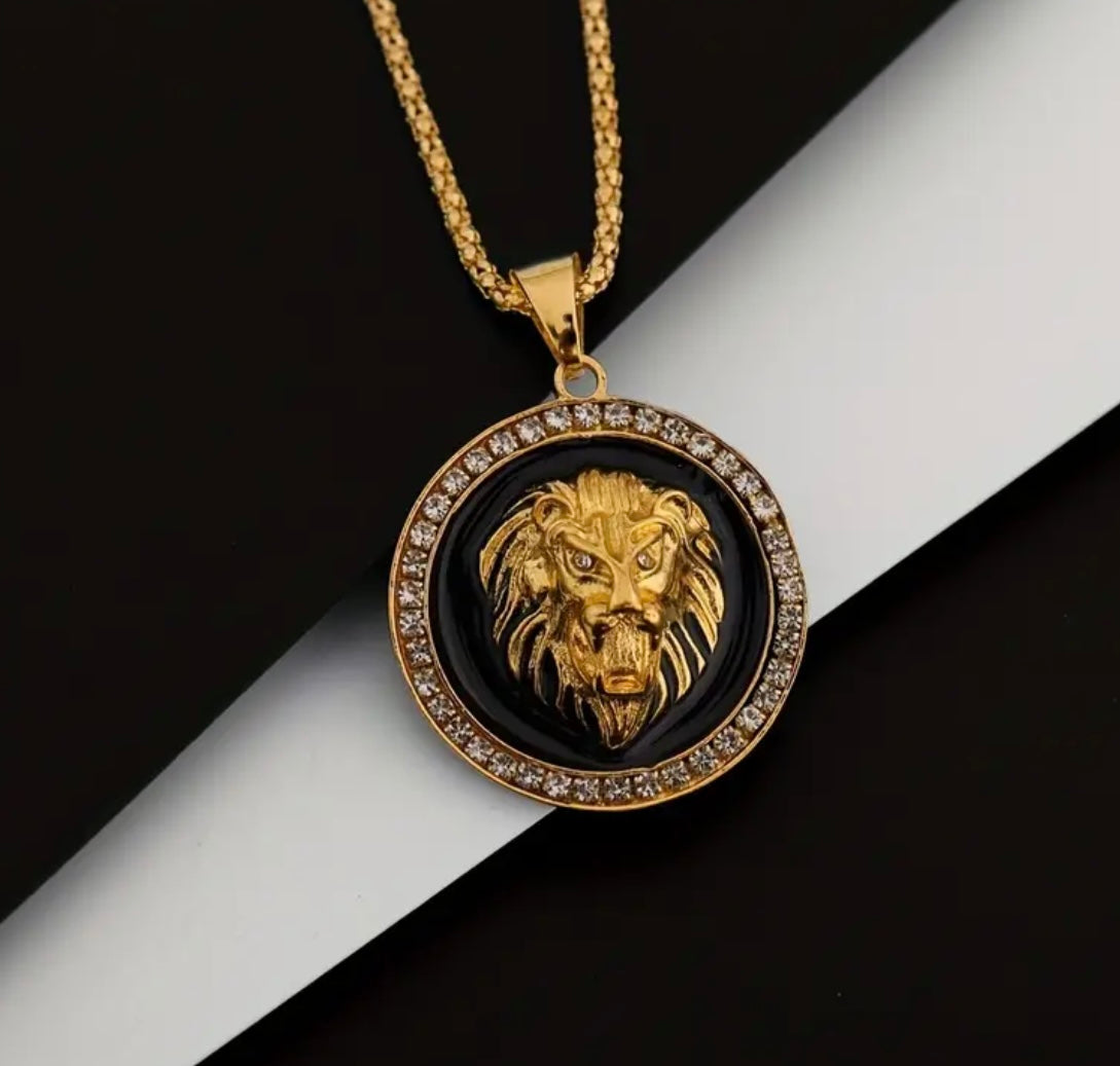 Gold Plated Faux CZ Diamond Lion Head Pendant Necklace