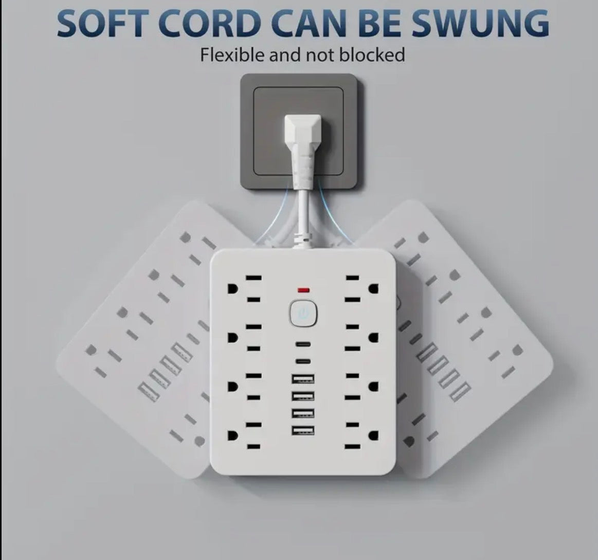 14 in 1 Power Strip Surge Protector with 8 AC outlets, 4 USB and 2 Type C ports Flat Plug In Design