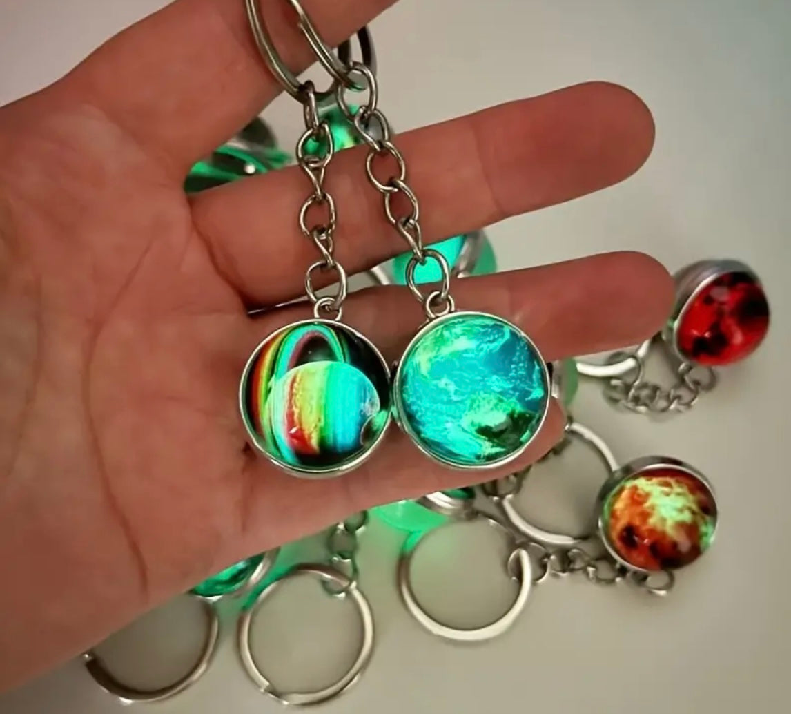 Galactic Glow Glass Keychain, Colorful Swirls, Luminous Space Orbit Design, Durable Metal Keyring Unique