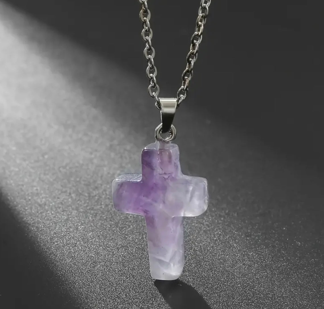 Natural Stone Cross Gemstone Pendant Necklace