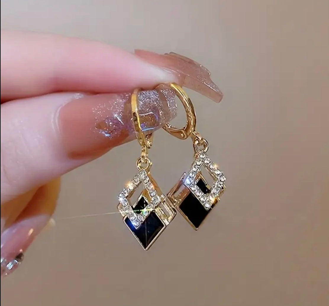 Double Rhombus Shape Shiny Zircon Inlaid Dangle Elegant Earrings