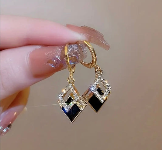 Double Rhombus Shape Shiny Zircon Inlaid Dangle Elegant Earrings