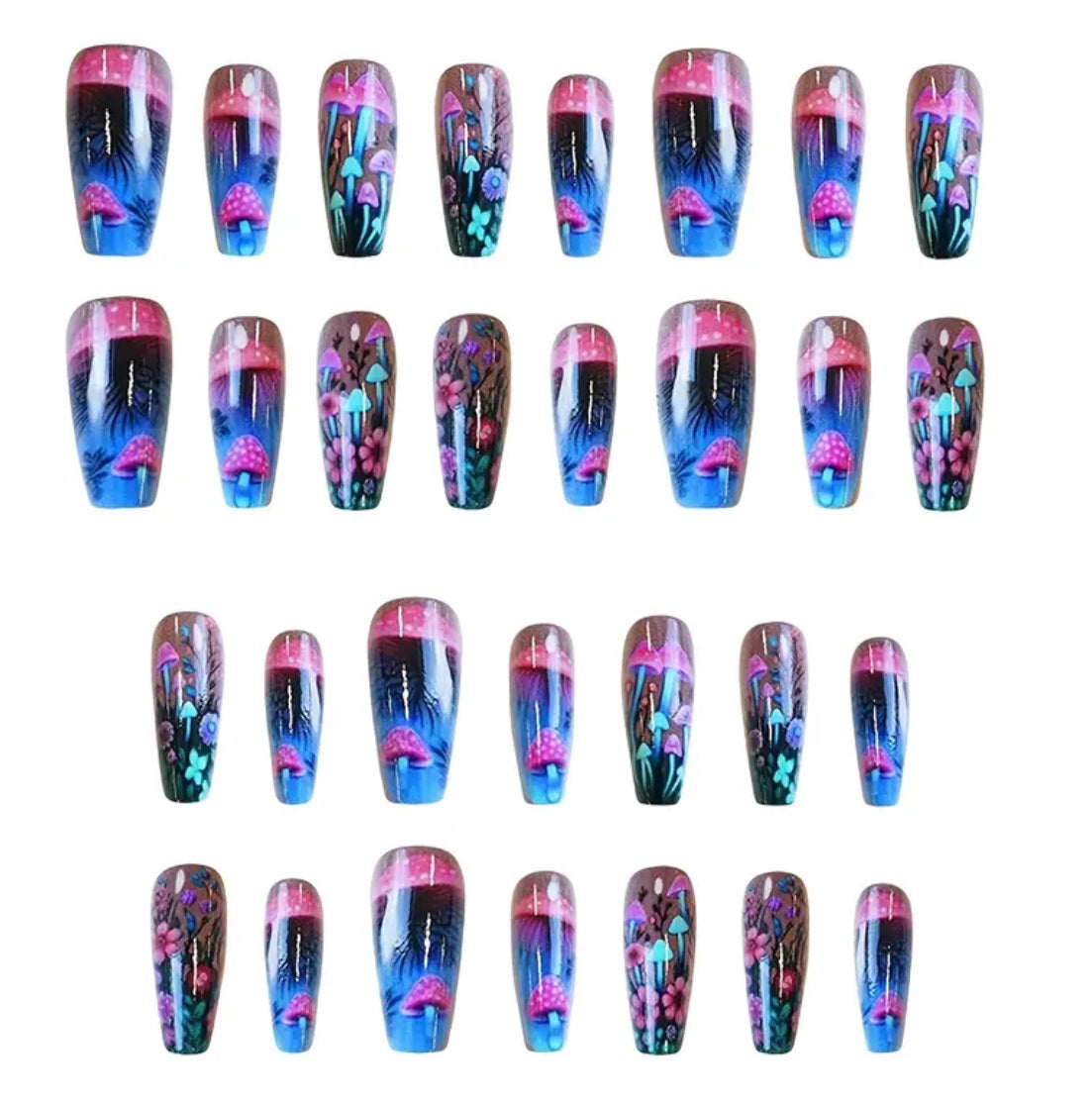 30pcs Monina Press on Nails Whimsical Mushroom & Floral Design Glossy Neon Blue and Pink
