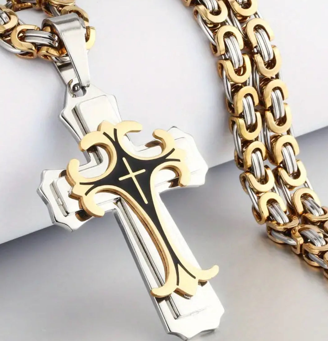 Stylish Men’s Stainless Steel Cross Pendant With Flat Chain and Timeless Design