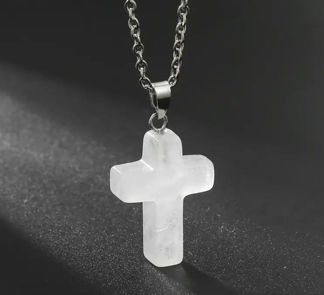 Natural Stone Cross Gemstone Pendant Necklace