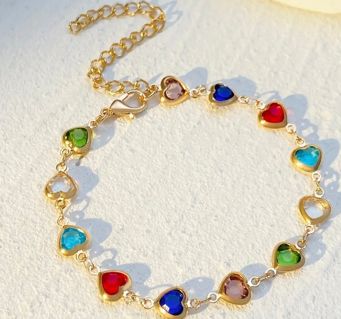 Colorful Shiny Cubic Zirconia Heart Design Beaded Bracelet