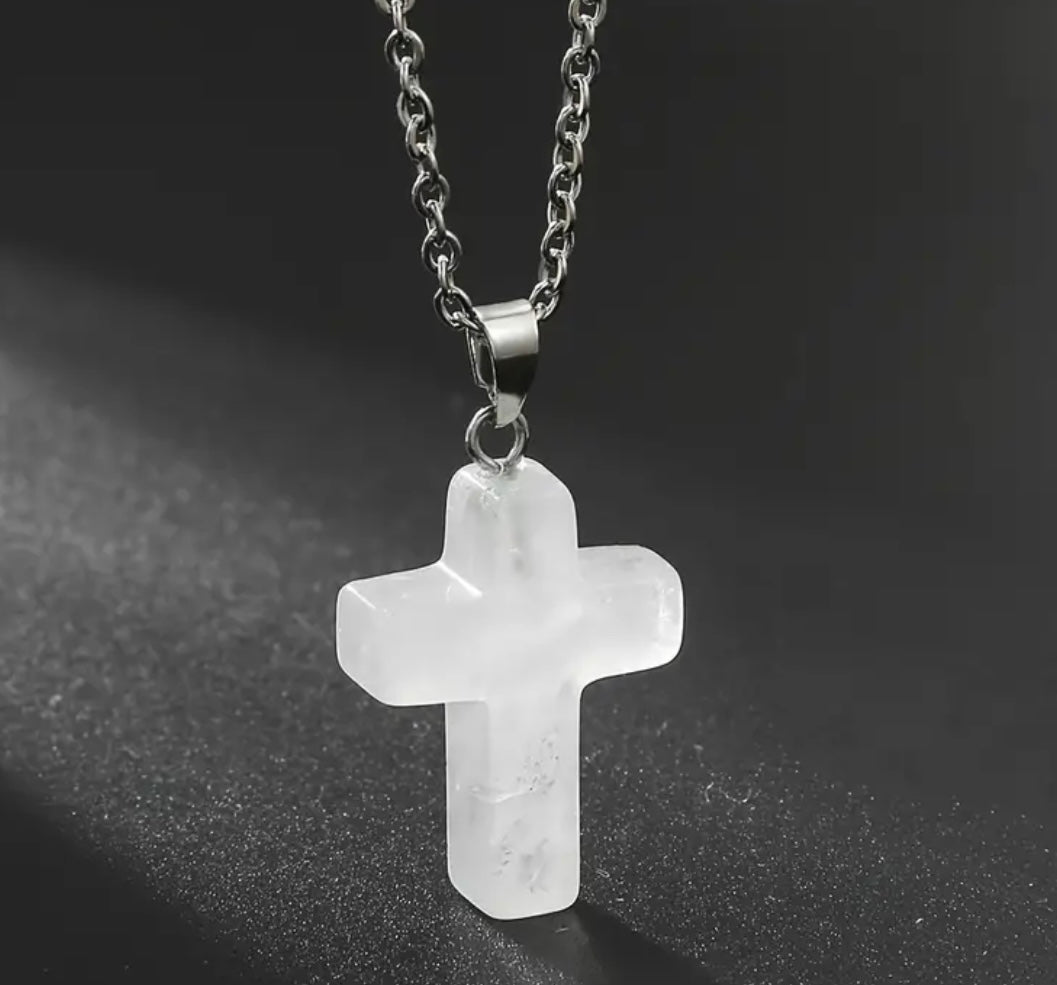 Natural Stone Cross Gemstone Pendant Necklace