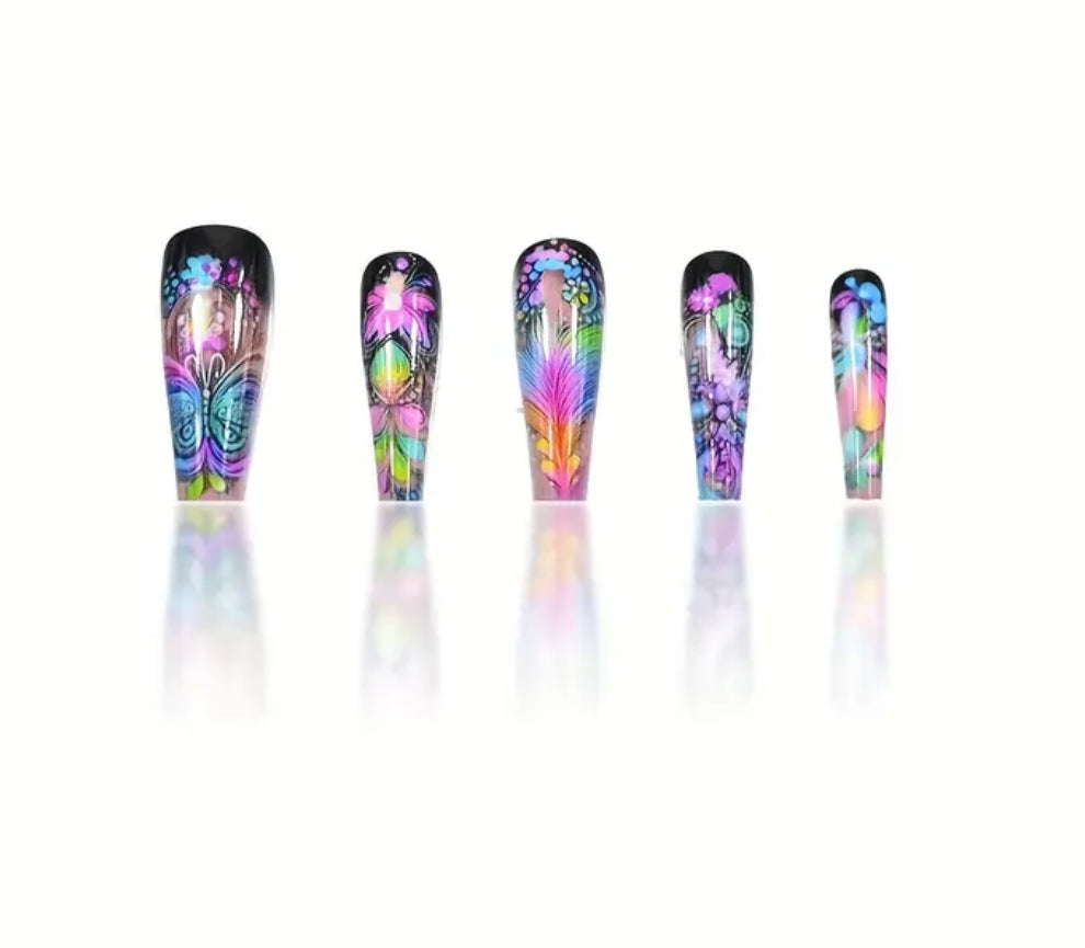 Full Set of 24 Long Ballet Shaped Fake Nails Mixed Color Design, Hearts, Feathers, Butterflies, Floral Design with a Glossy Finish