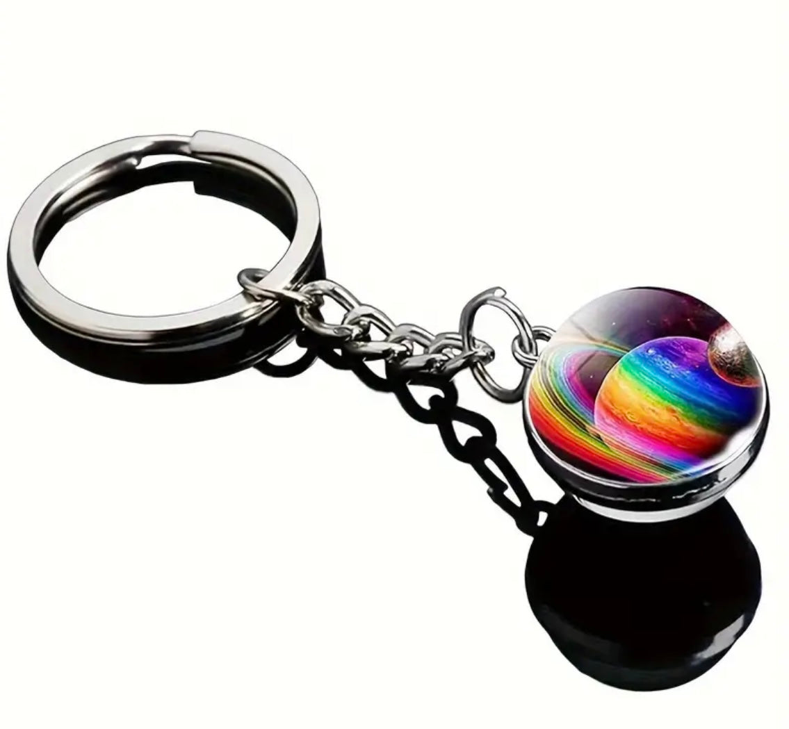 Galactic Glow Glass Keychain, Colorful Swirls, Luminous Space Orbit Design, Durable Metal Keyring Unique