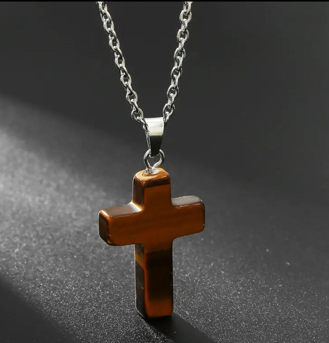 Natural Stone Cross Gemstone Pendant Necklace