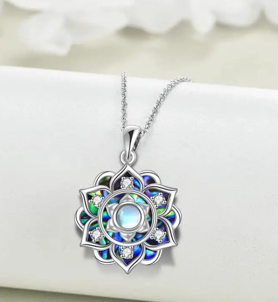 Elegant Lotus Flower Pendant Necklace With Luminous Opal and Sparkling Crystals hyper allergenic Alloy