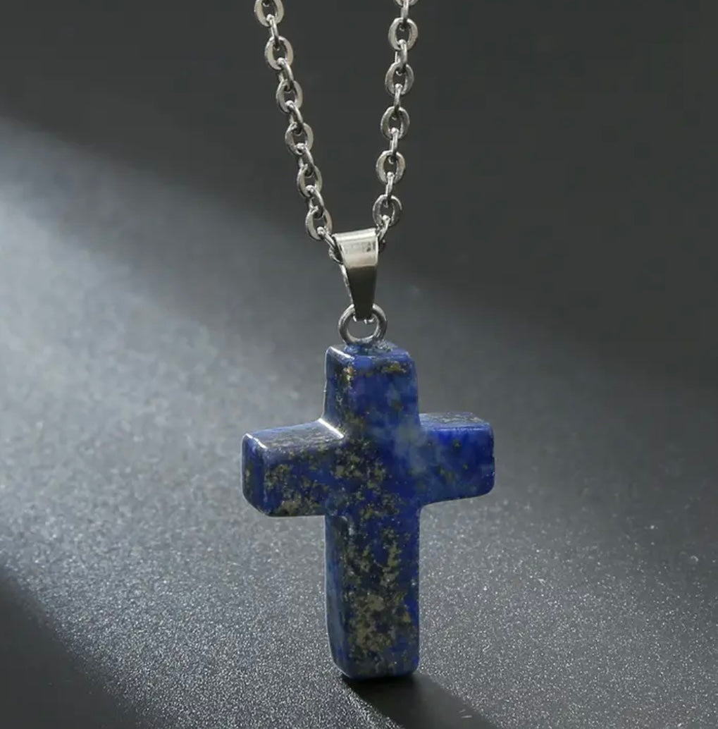 Natural Stone Cross Gemstone Pendant Necklace